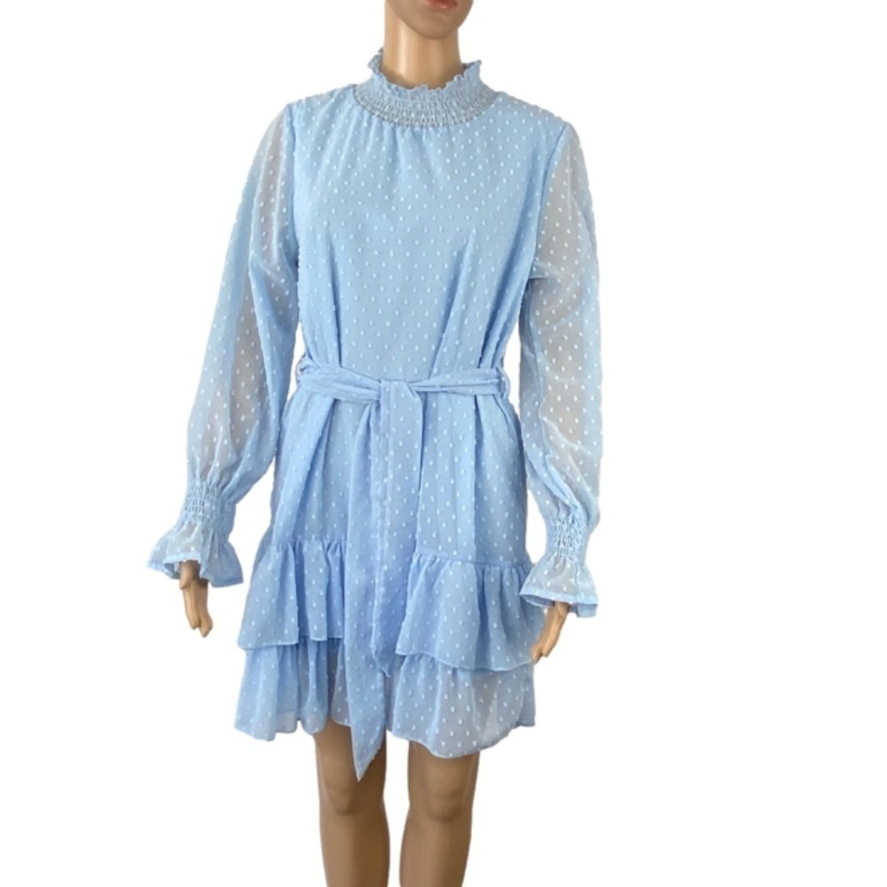 SHEIN mini dress lined sheer sleeves, tie waist smocked collar/cuffs Swiss dot